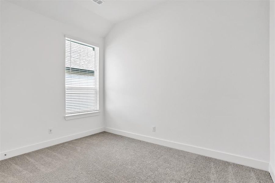 Empty room with carpet and vaulted ceiling