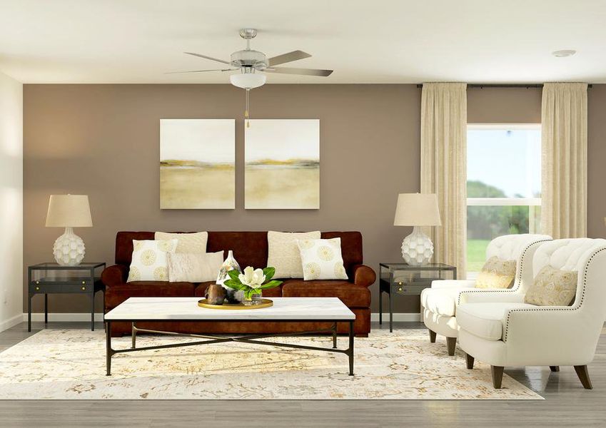 Rendering of a living room furnished with
  a couch and two large white chairs.