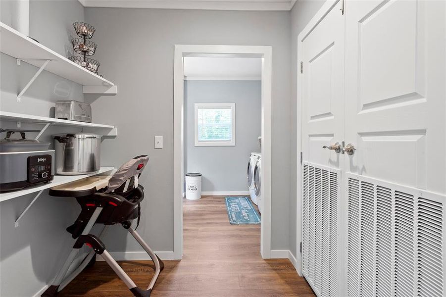 We are now back to the Dining Room barn door entrance we saw earlier. Look at all of this storage for your overflow kitchen and family storage.