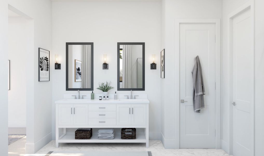 Primary bath with dual sinks and chrome fixtures throughout