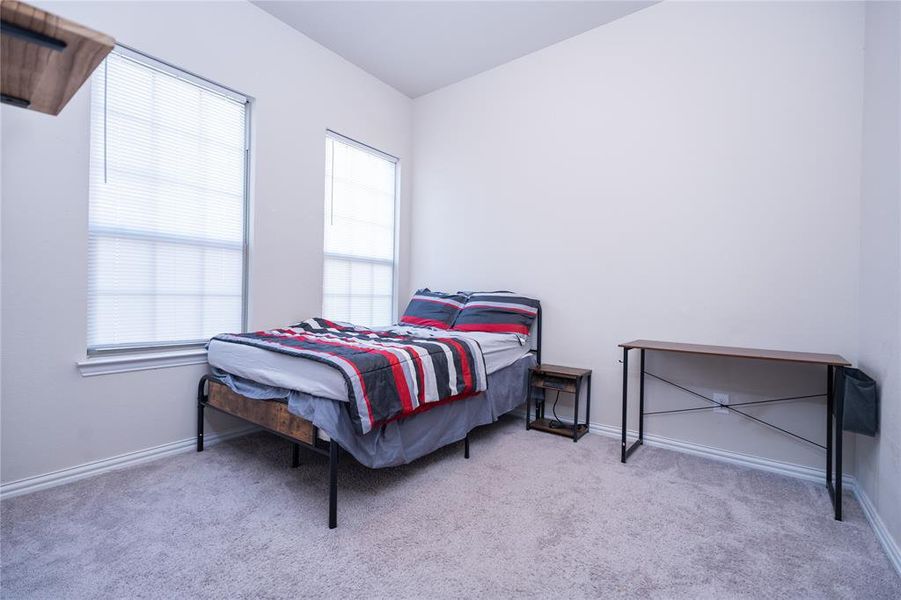 Bedroom with light carpet and multiple windows