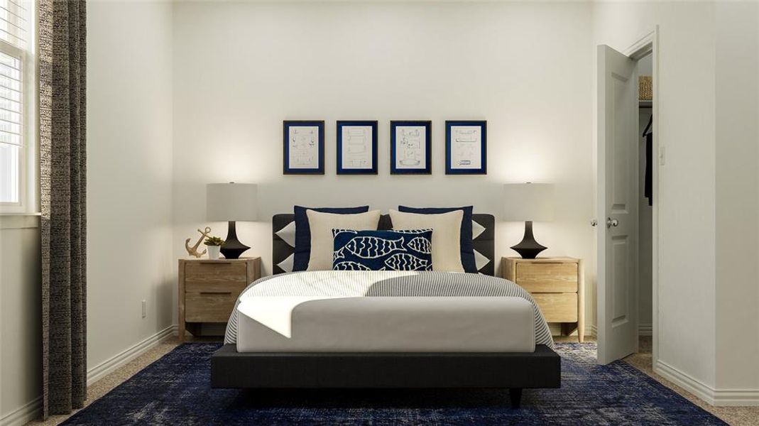 Bedroom featuring dark colored carpet