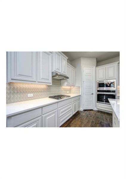 Kitchen with tasteful backsplash, white cabinetry, dark wood-type flooring, and stainless steel appliances