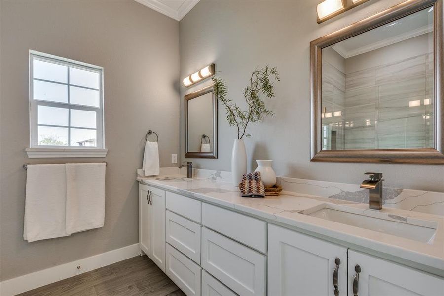 Primary Bathroom featuring vanity, hardwood / wood-style floors, and ornamental molding