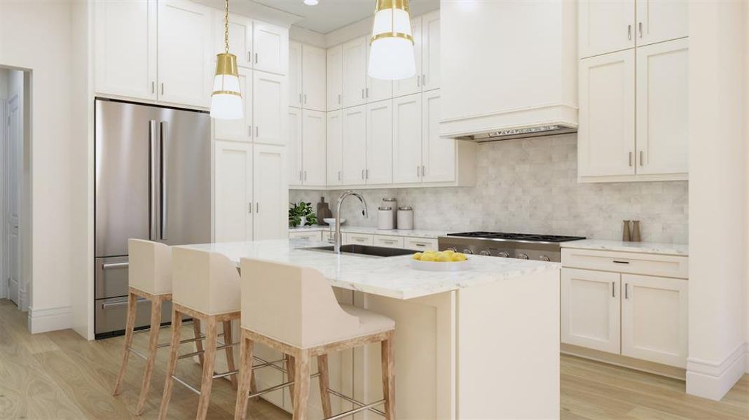 Kitchen featuring Thermador appliances  , light quartz countertops, light hardwood / wood-style flooring, and an island with sink