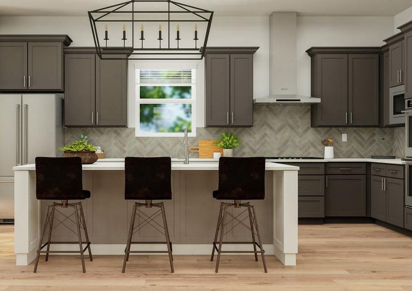 Rendering of the spacious kitchen in the
  Fairview plan, which has a large island with three stools. It features brown  cabinetry, quartz countertops, stainless steel appliances, chandelier and a  window above the sink.