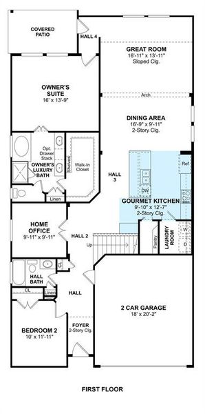 The Elmore floor plan by K. Hovnanian Homes. 1st Floor Shown. *Prices, plans, dimensions, features, specifications, materials, and availability of homes or communities are subject to change without notice or obligation.