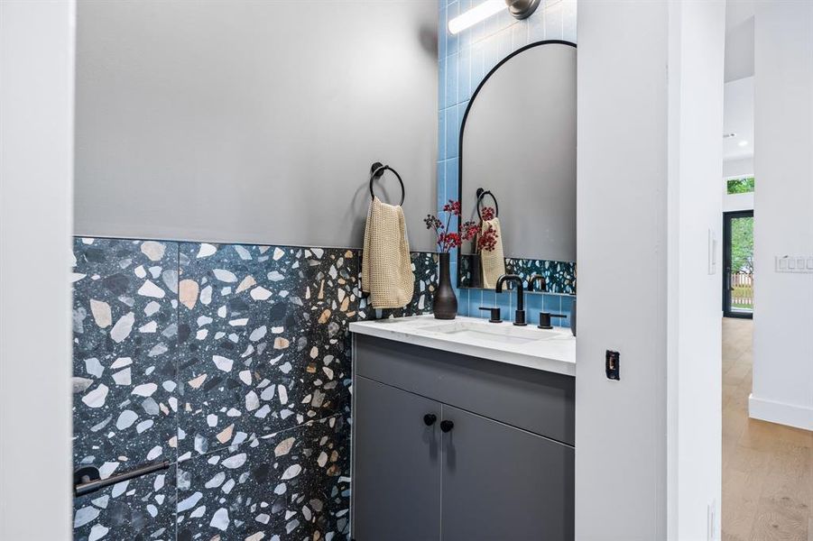 Downstairs powder bath with Terrazzo tile