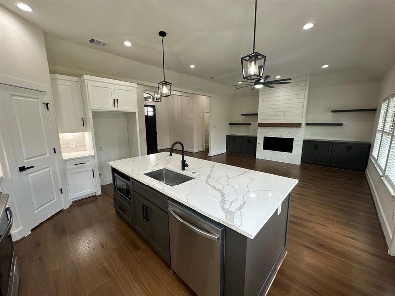 Kitchen with dishwasher, dark hardwood / wood-style flooring, sink, and ceiling fan