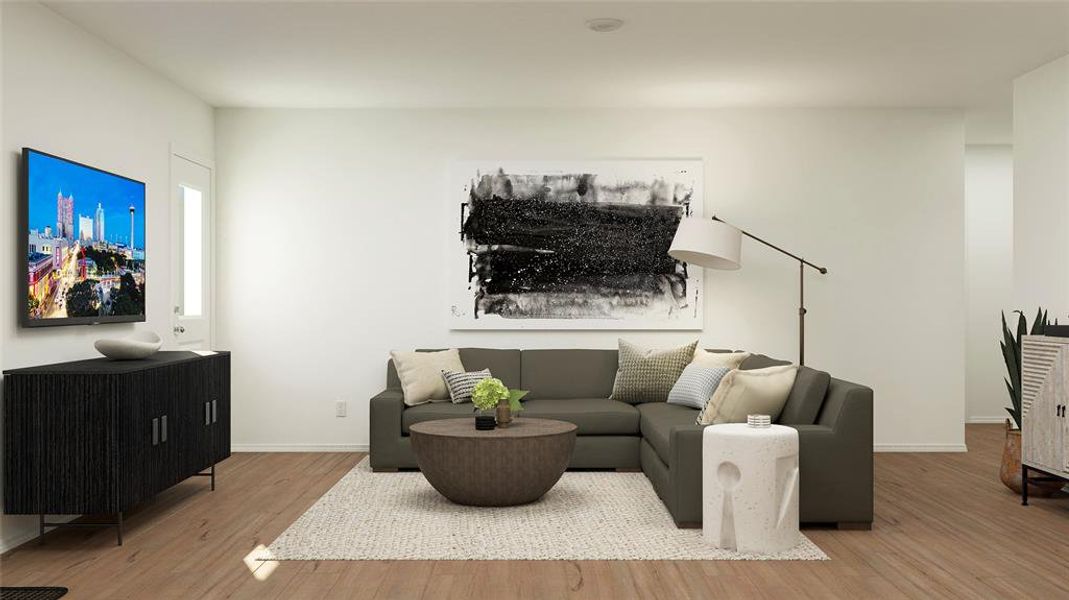 Living room with hardwood / wood-style flooring