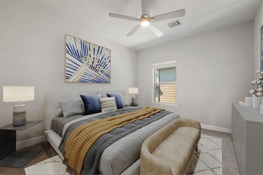 Secondary bedroom features plush carpet, neutral paint, modern ceiling fan with lighting and a large window with privacy blinds.