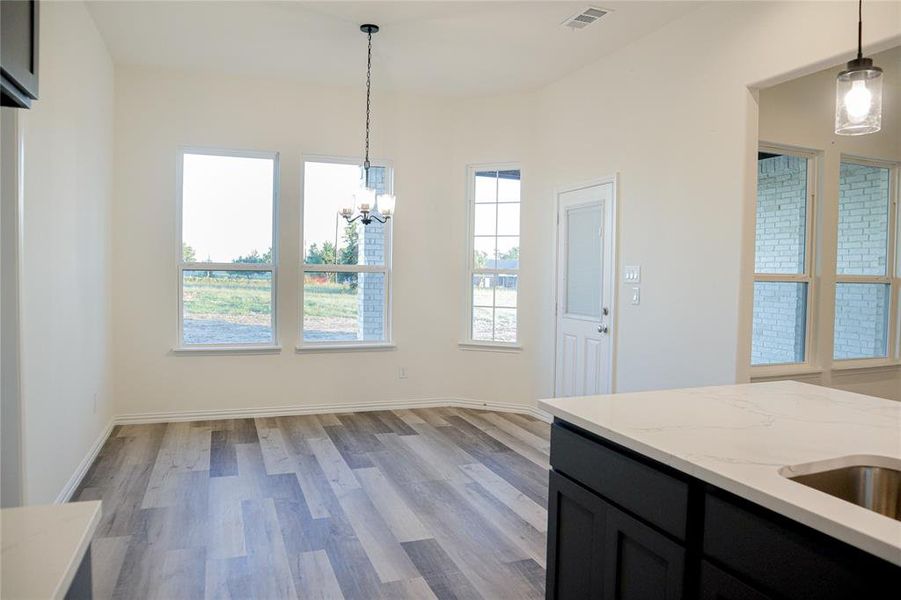 Unfurnished dining area with a healthy amount of sunlight, light hardwood / wood-style flooring, and a chandelier