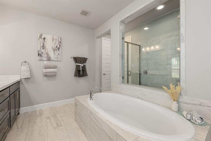 This additional view of the primary bath showcases the spacious walk-in shower with tile surround and a separate garden tub perfect for soaking after a long day.