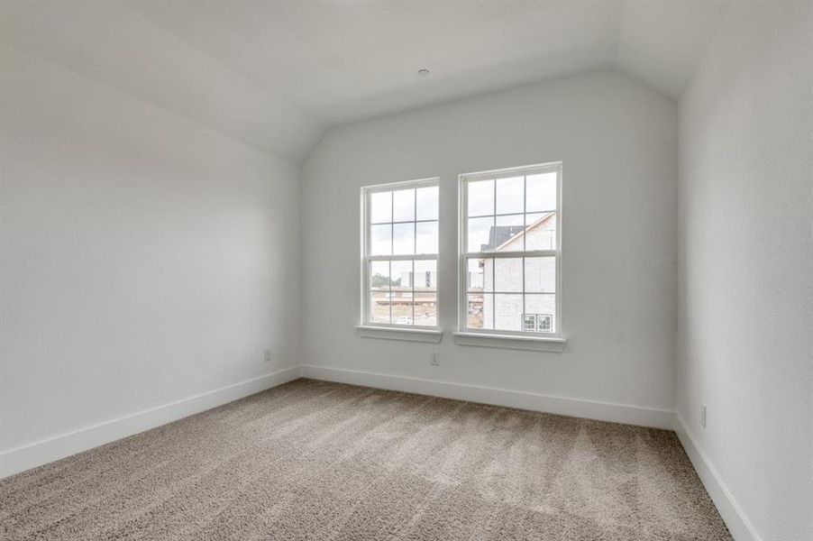 Spare room featuring carpet flooring and lofted ceiling