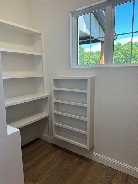 Walk in pantry with light hardwood / wood-style flooring