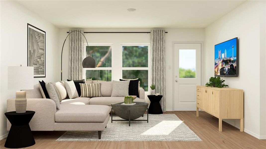 Living room with light hardwood / wood-style flooring