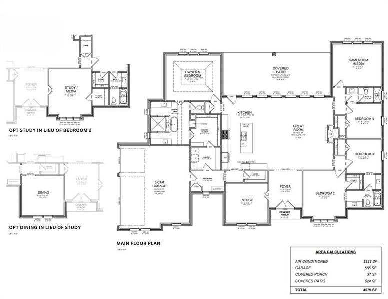 Floor Plan with options to replace Bedroom 2 with Study and/or replace Study with a Dining Room. All plans can be customized as Scott Post Homes is a full custom builder