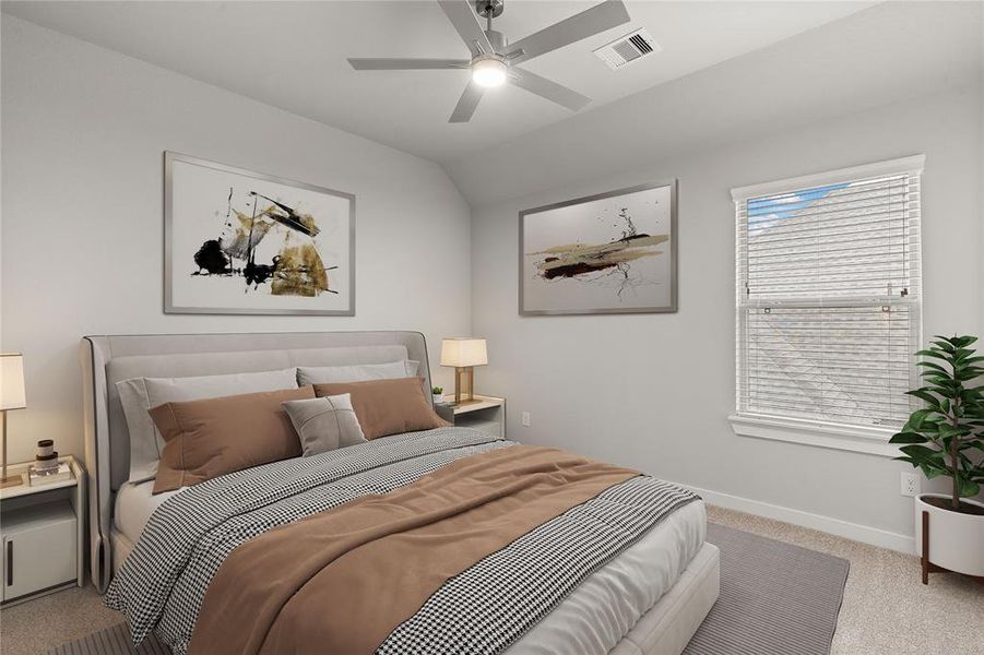 Secondary bedroom features plush carpet, custom paint, ceiling fan with lighting and a large window with privacy blinds.