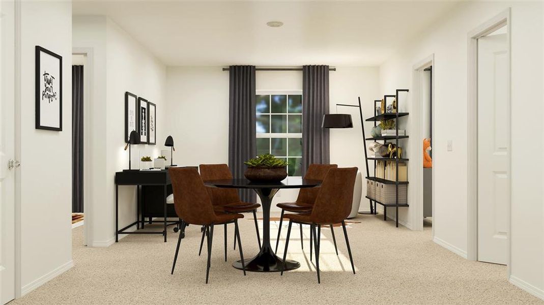 Dining space featuring light carpet