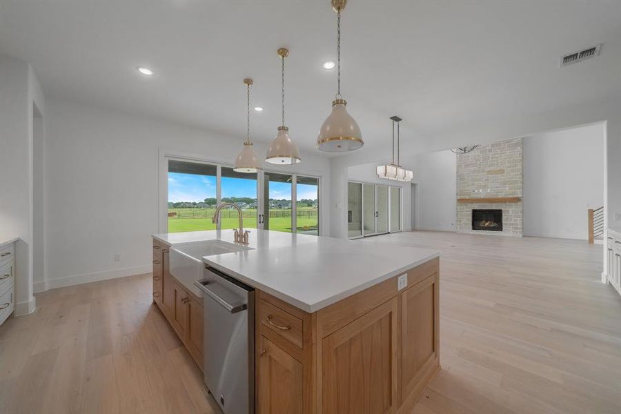 Kitchen with light hardwood / wood-style floors, dishwasher, a fireplace, and a kitchen island with sink