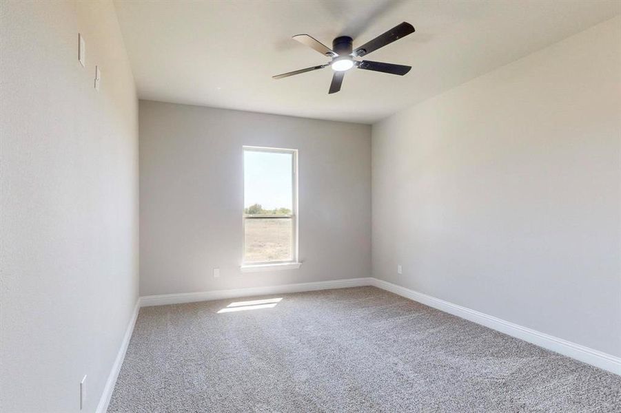 Empty room featuring ceiling fan and carpet flooring