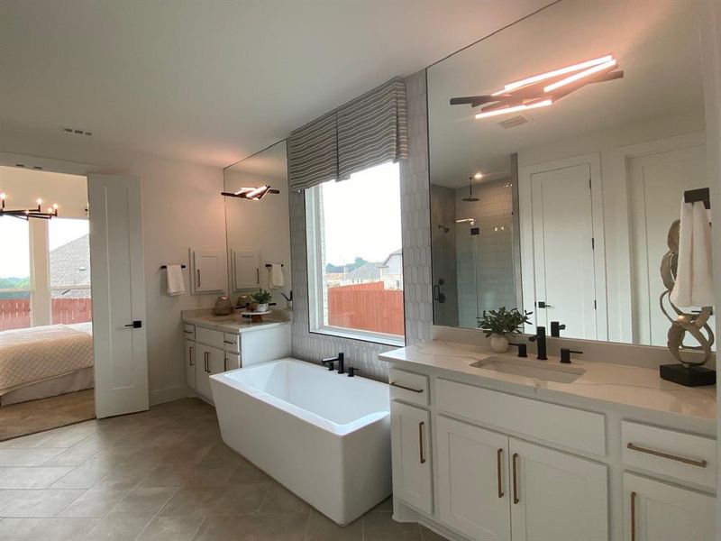 Separate vanities with mirrors to ceiling