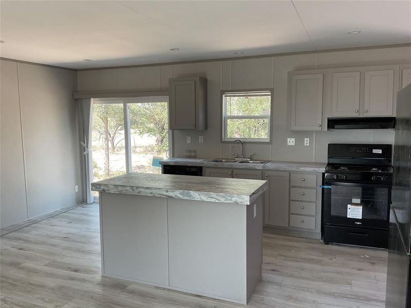 Kitchen featuring a healthy amount of sunlight, black appliances, and light wood-type flooring