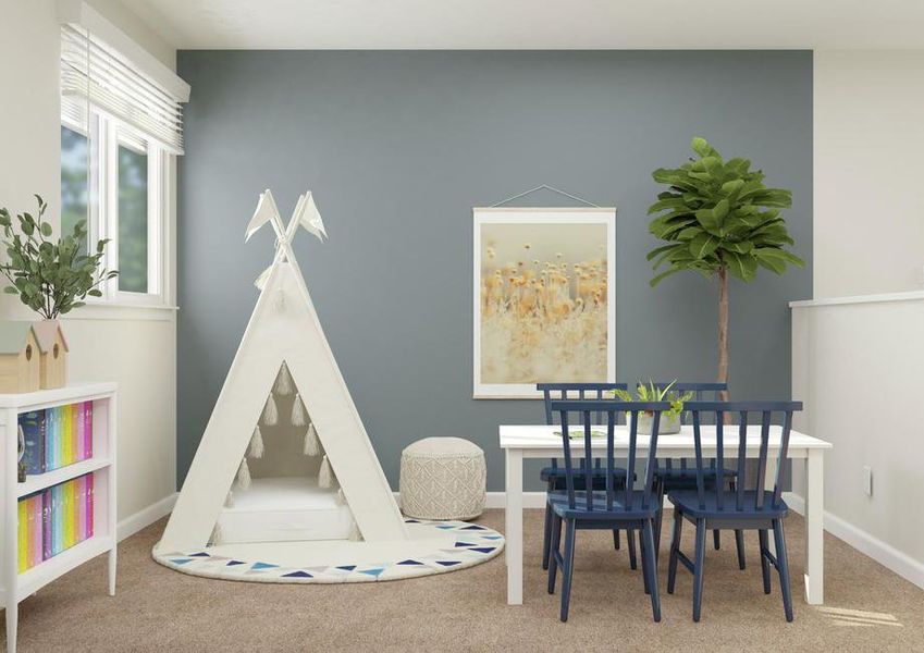 Rendering of the loft space in the
  Newport floor plan, decorated with a kid's table and chairs, a bookshelf and
  a kid's teepee.