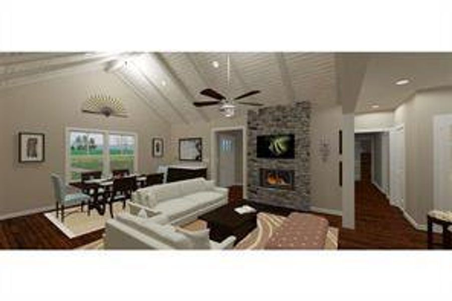 Living room featuring ceiling fan, beamed ceiling, hardwood / wood-style floors, a stone fireplace, and high vaulted ceiling