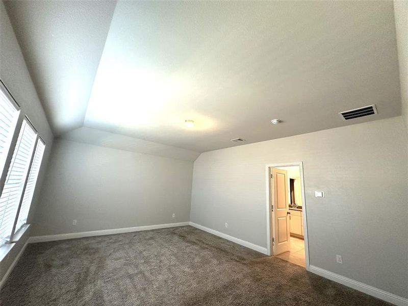 Carpeted spare room featuring vaulted ceiling