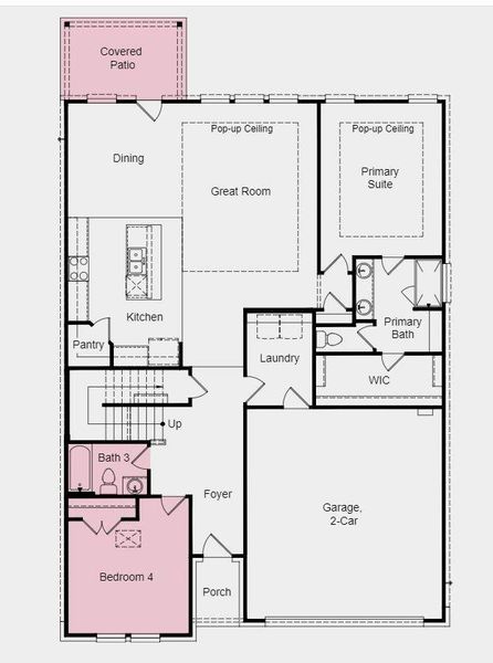 Structural options include: 12" pop-up ceiling at primary suite and gathering room, covered patio, bed 4/bath 3 in lieu of study/powder.