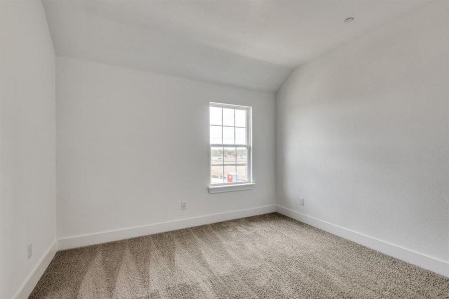 Unfurnished room with lofted ceiling and carpet floors