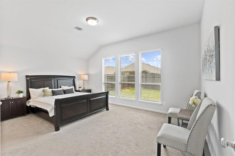 The master bedroom is a serene retreat featuring carpet flooring, wide windows with a nice view of the backyard, and plenty of natural light.