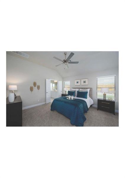 Bedroom with carpet flooring, ceiling fan, and lofted ceiling