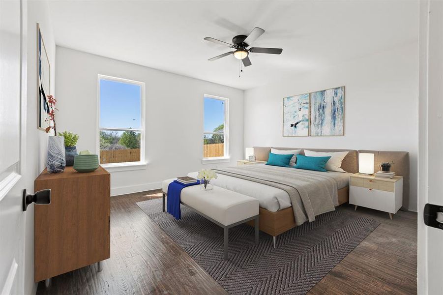 Bedroom featuring ceiling fan and dark hardwood / wood-style flooring