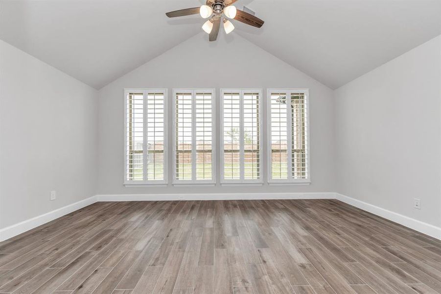 Beautiful plantation shutters offers privacy.