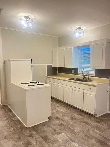 Kitchen featuring sink, white cabinetry, crown molding, and hardwood / wood-style floors