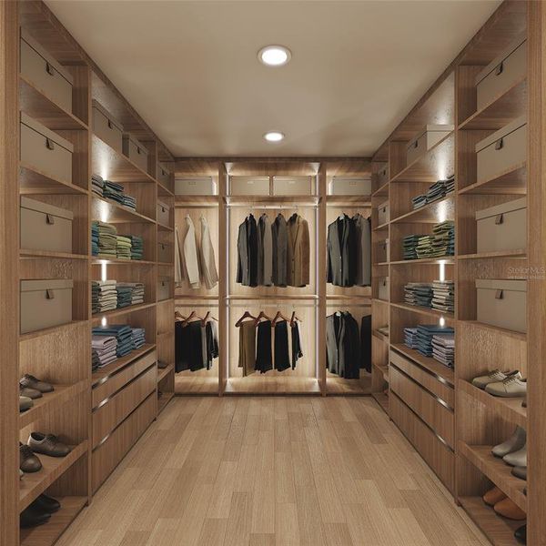 Virtually staged by Clive Daniel. Primary bedroom walk in closet can be customized to your needs.