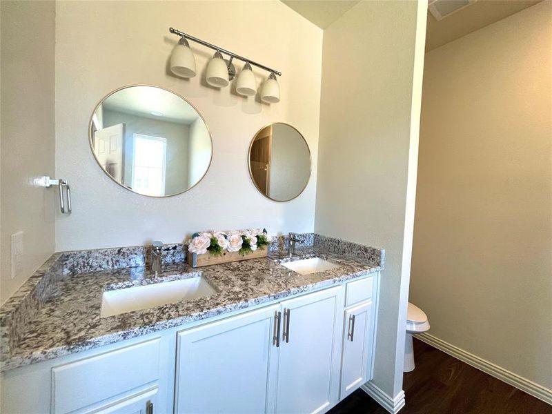 Bathroom with vanity, toilet, and hardwood / wood-style flooring