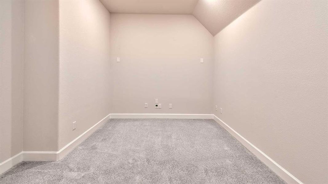 Carpeted empty room with vaulted ceiling