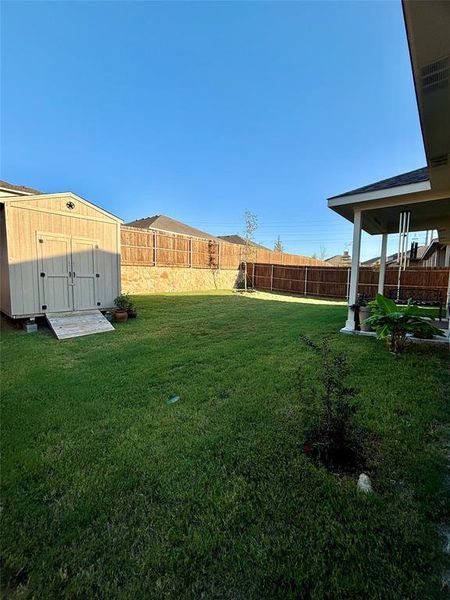 View of yard featuring a shed