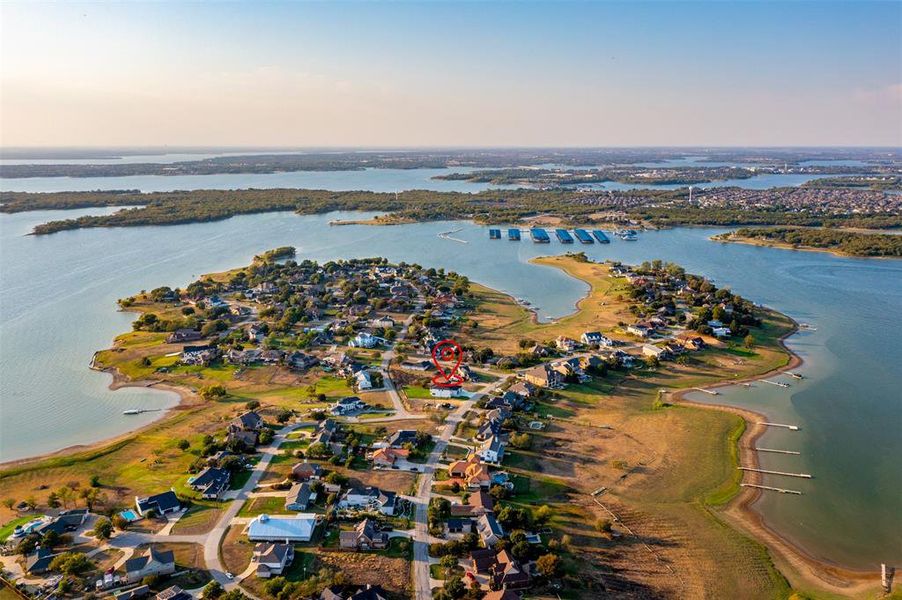 Aerial view at dusk with a water view