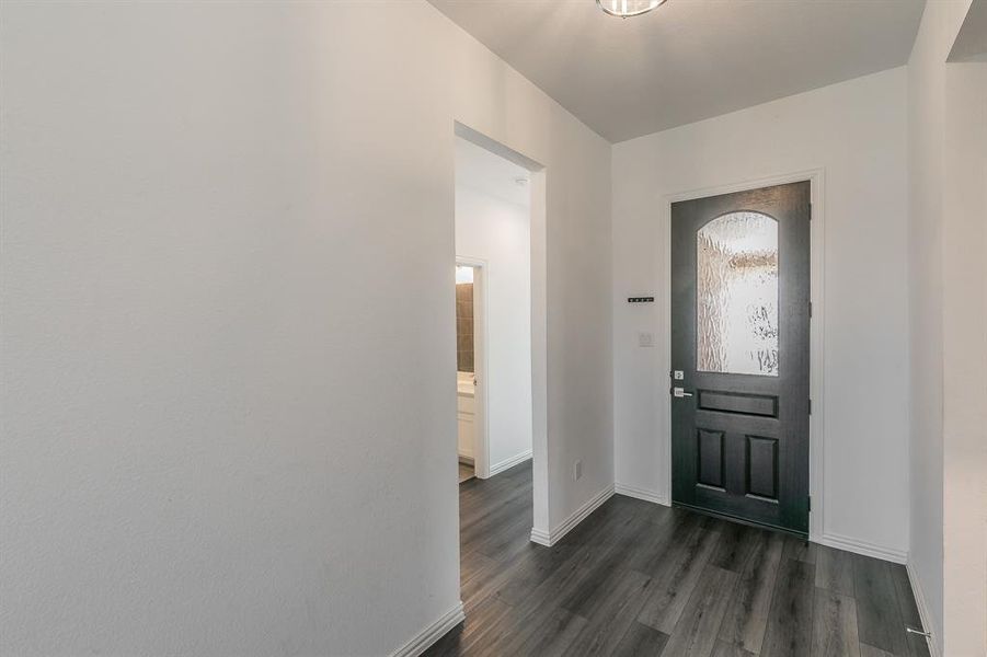 Entrance foyer featuring dark wood-type flooring