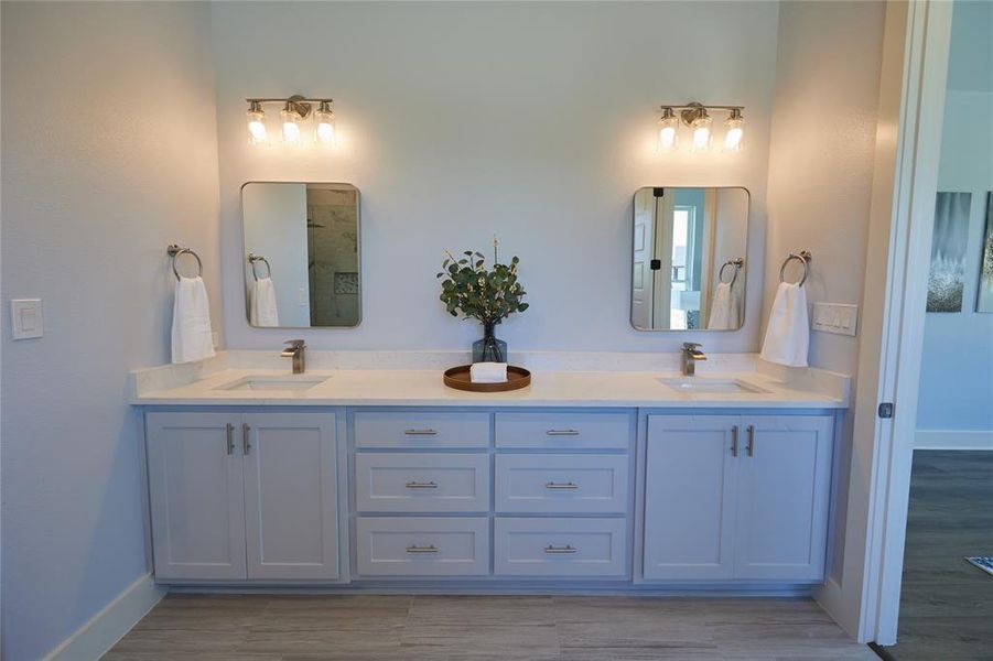 Bathroom with double vanity and wood-type flooring