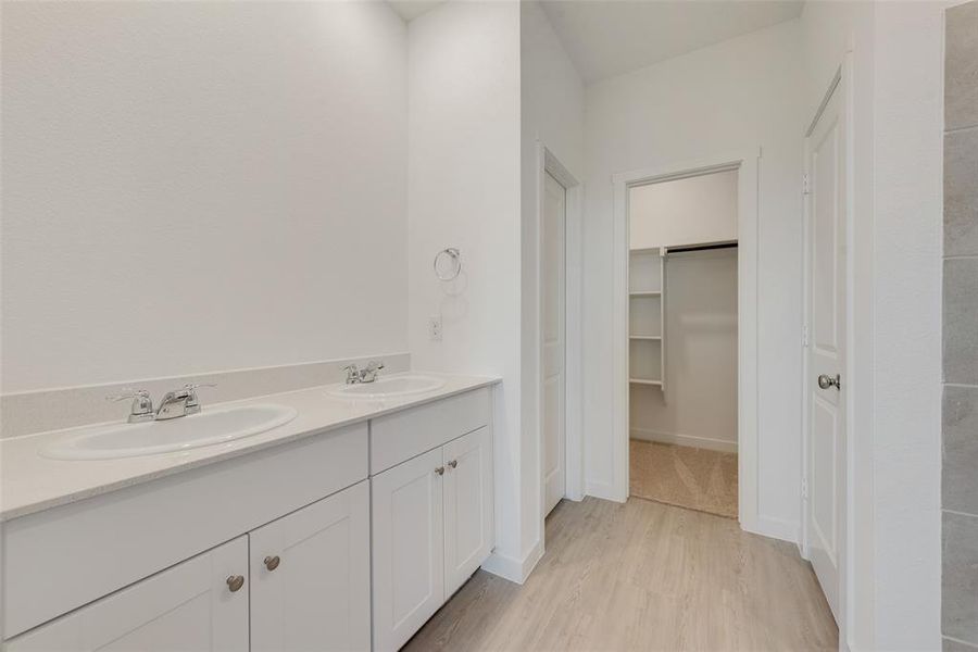 Bathroom featuring wood-type flooring and vanity