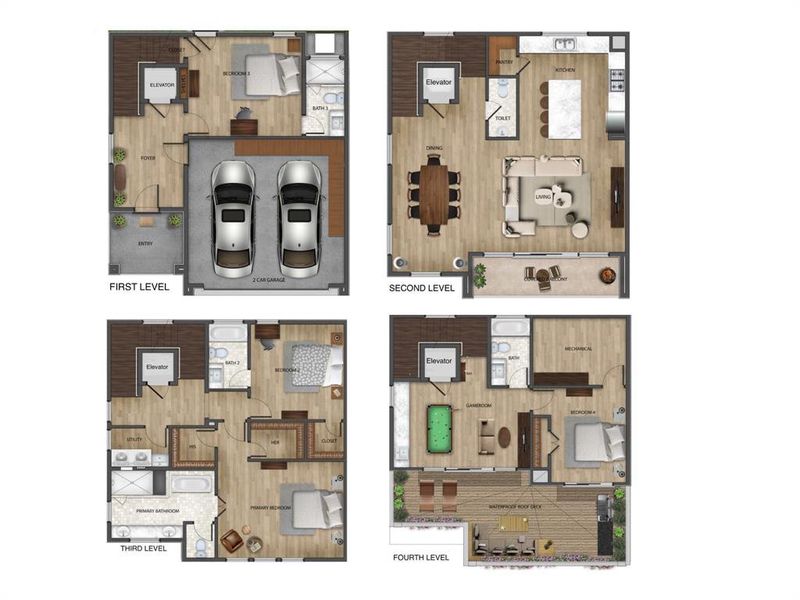 Four-Story floor plan includes a second floor covered balcony and roof deck.