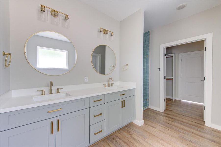 Primary bath with double connected vanity