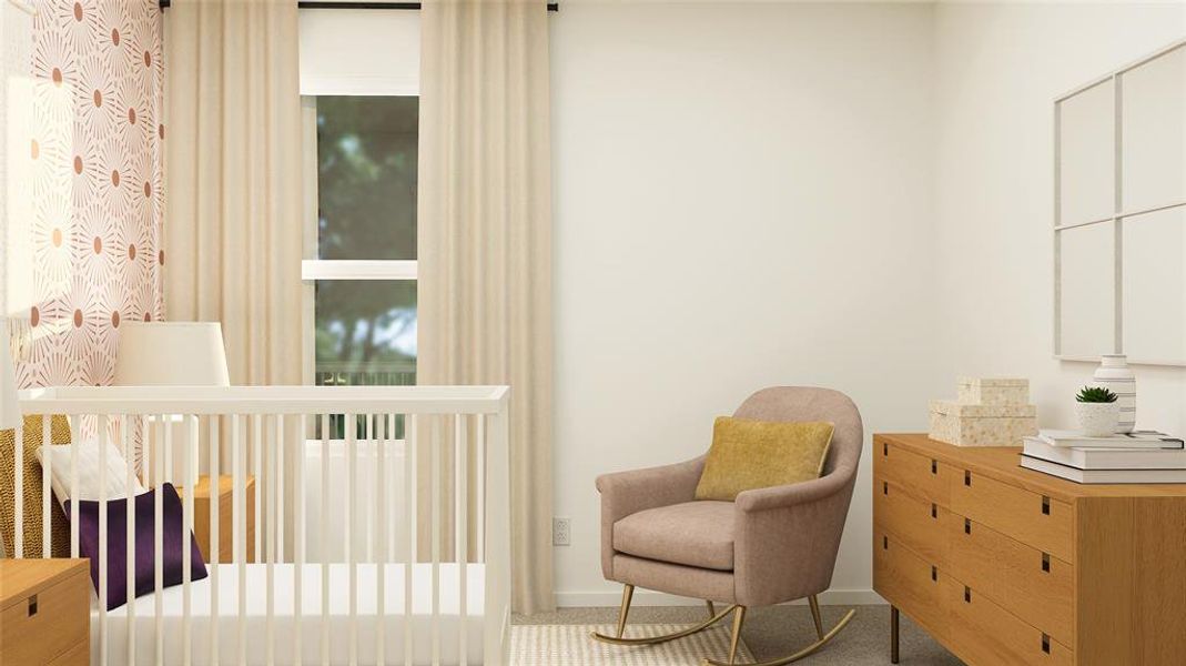 Carpeted bedroom with a nursery area