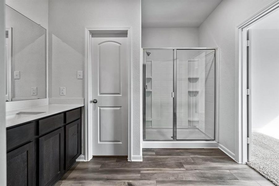 Bathroom featuring walk in shower, hardwood / wood-style floors, and vanity with extensive cabinet space