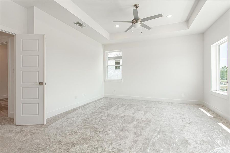 Carpeted empty room with ceiling fan and a raised ceiling